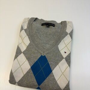 Tommy Hilfiger Gray V-Neck Sweater with Blue and White Argyle